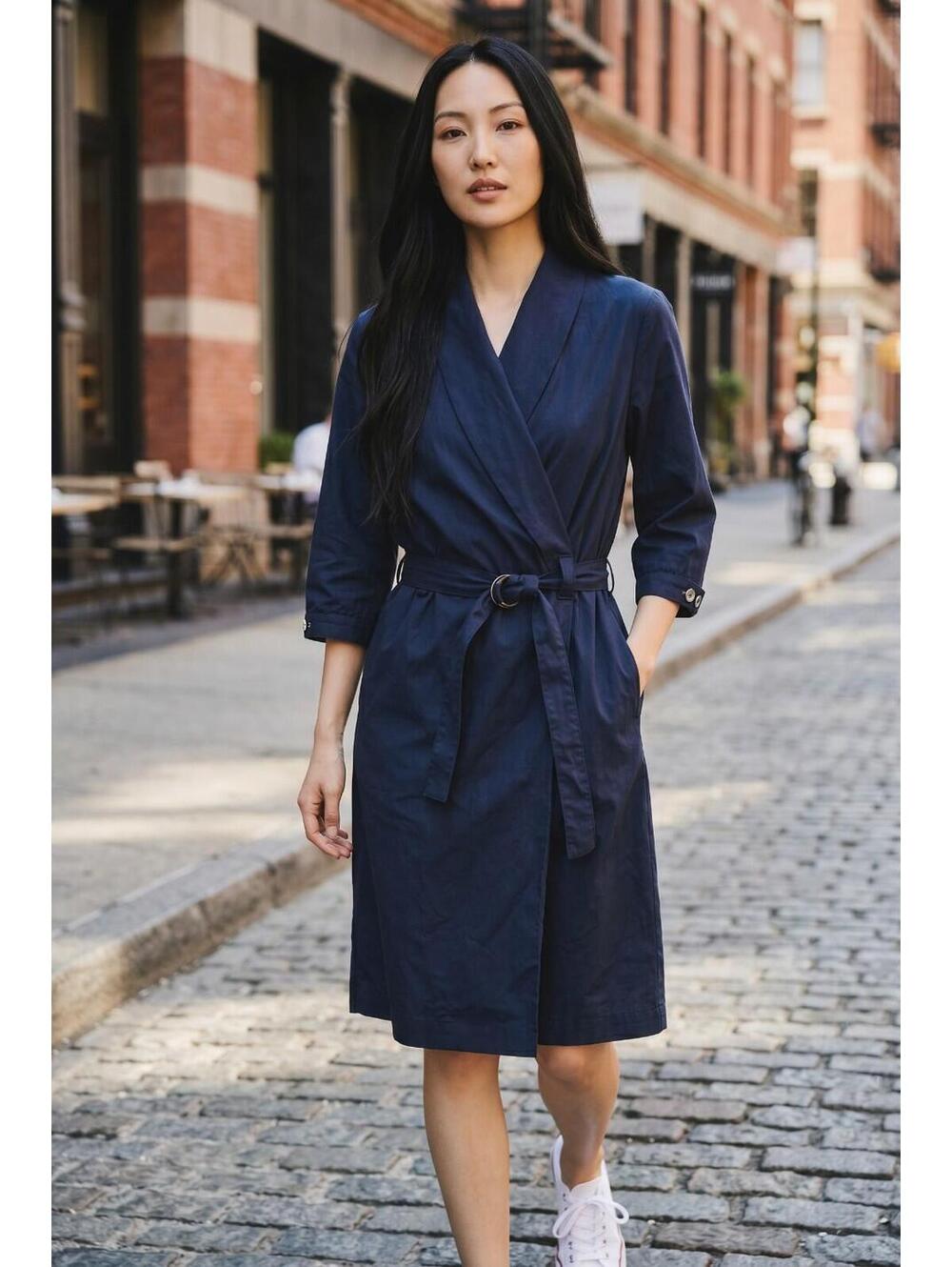 Froks Navy Blue 100% Wool Danish Minimalist Belted Knee Length Faux Wrap Dress